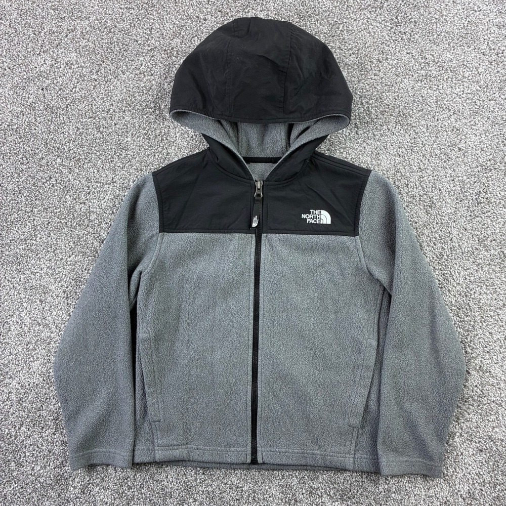 The North Face Glacier Jacket Kids Medium Gray Black Fleece Hooded Denali